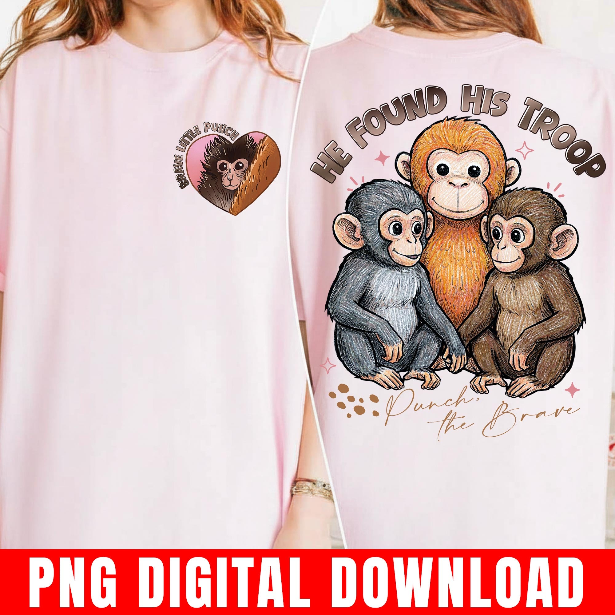 Team Punch The Monkey Png File, Baby Monkey Illustration, Front and Back Print, Cute Rescue Macaque Digital Download
