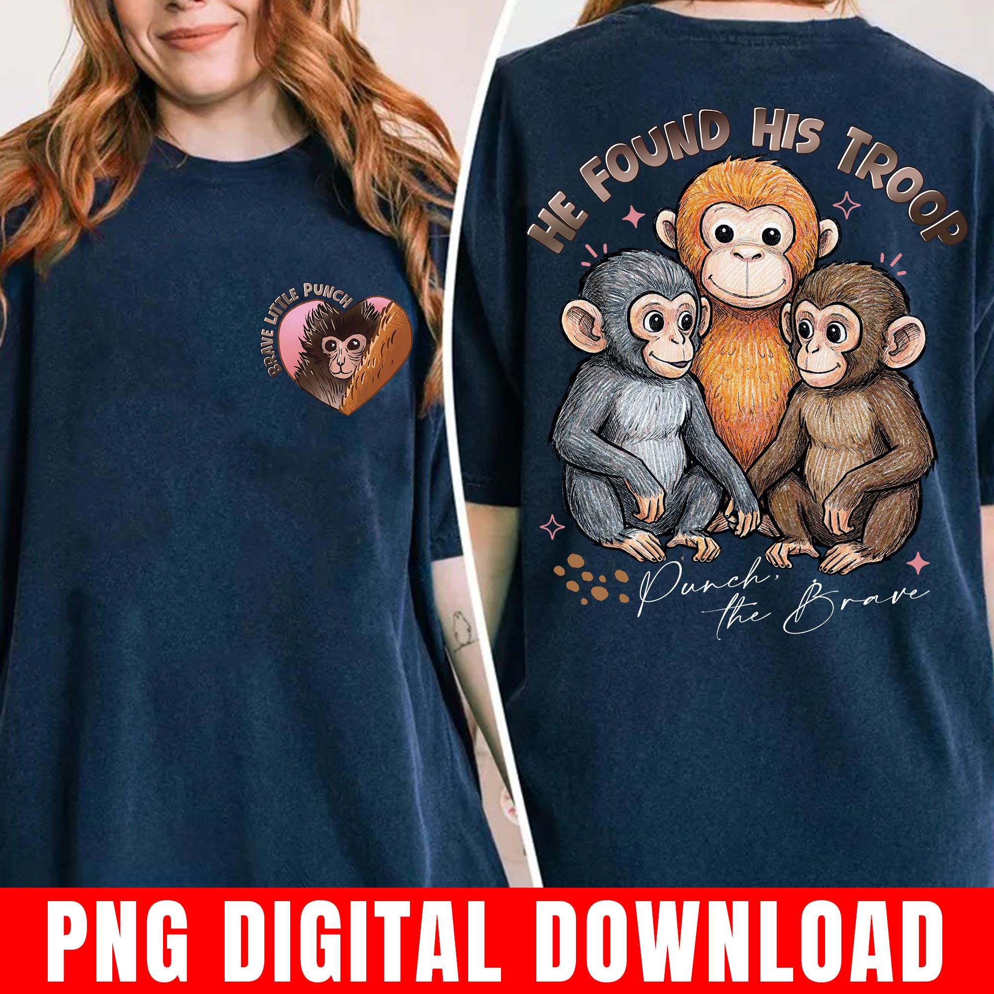 Team Punch The Monkey Png File, Baby Monkey Illustration, Front and Back Print, Cute Rescue Macaque Digital Download