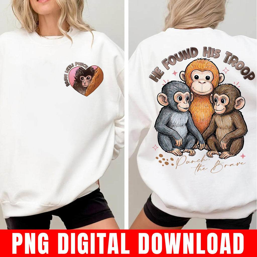 Team Punch The Monkey Png File, Baby Monkey Illustration, Front and Back Print, Cute Rescue Macaque Digital Download