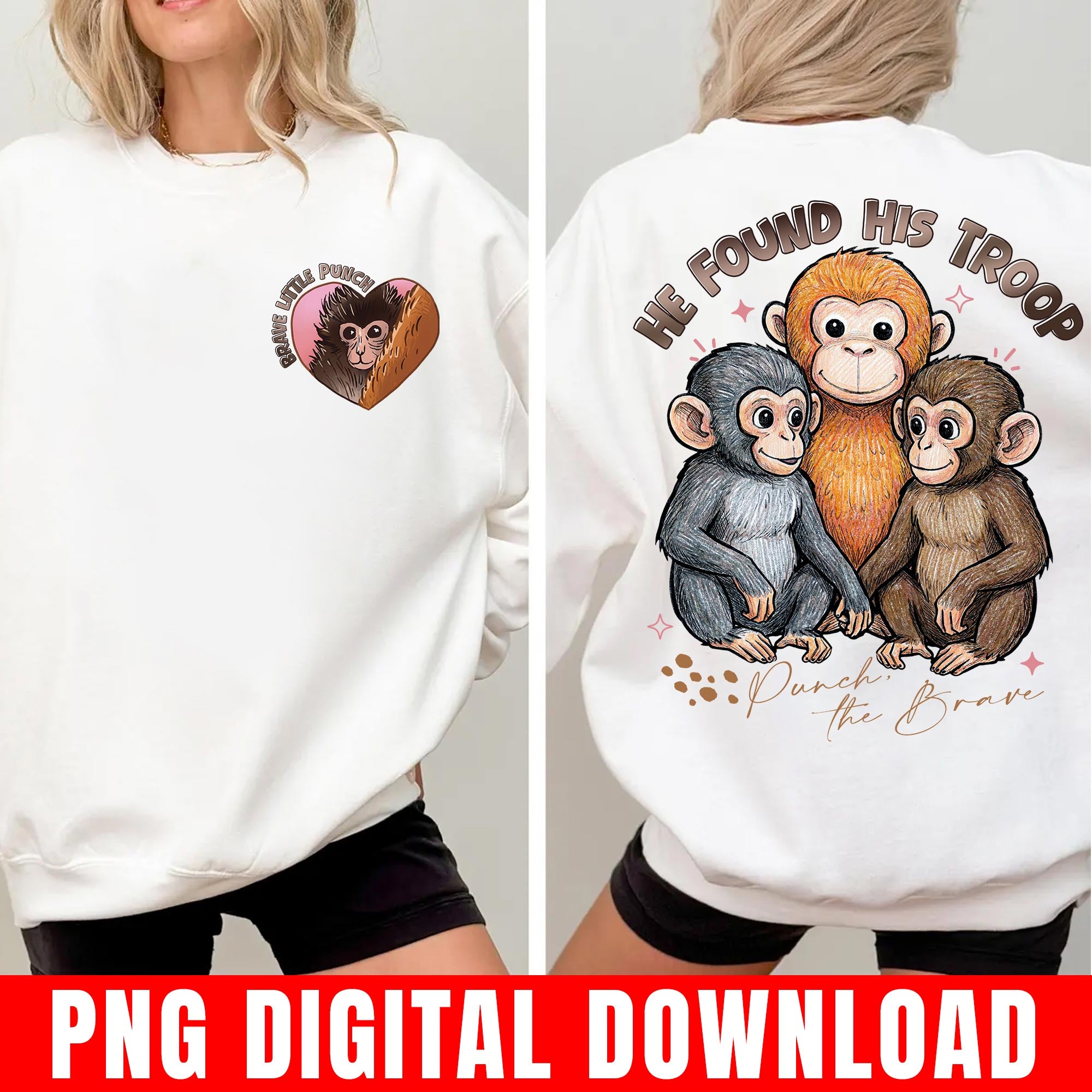 Team Punch The Monkey Png File, Baby Monkey Illustration, Front and Back Print, Cute Rescue Macaque Digital Download