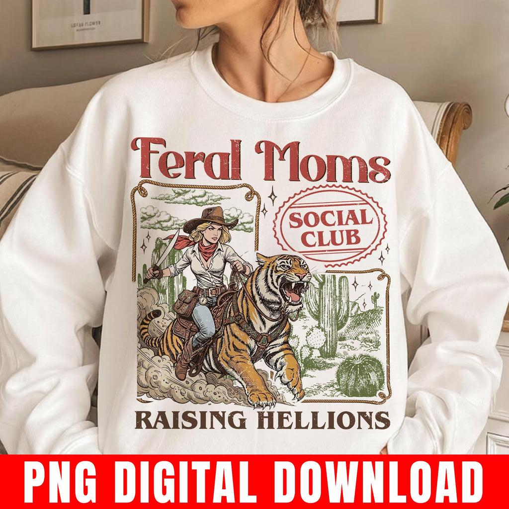 Feral Moms Social Club Png, Raising Hellions, Cowgirl Tiger Western Retro Graphic Digital Download